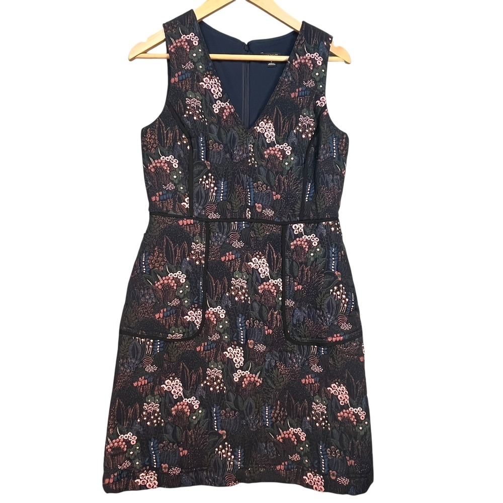 Ann Taylor Womens Floral Metallic Jacquard‎ Navy Spring Wedding Guest Dress 4